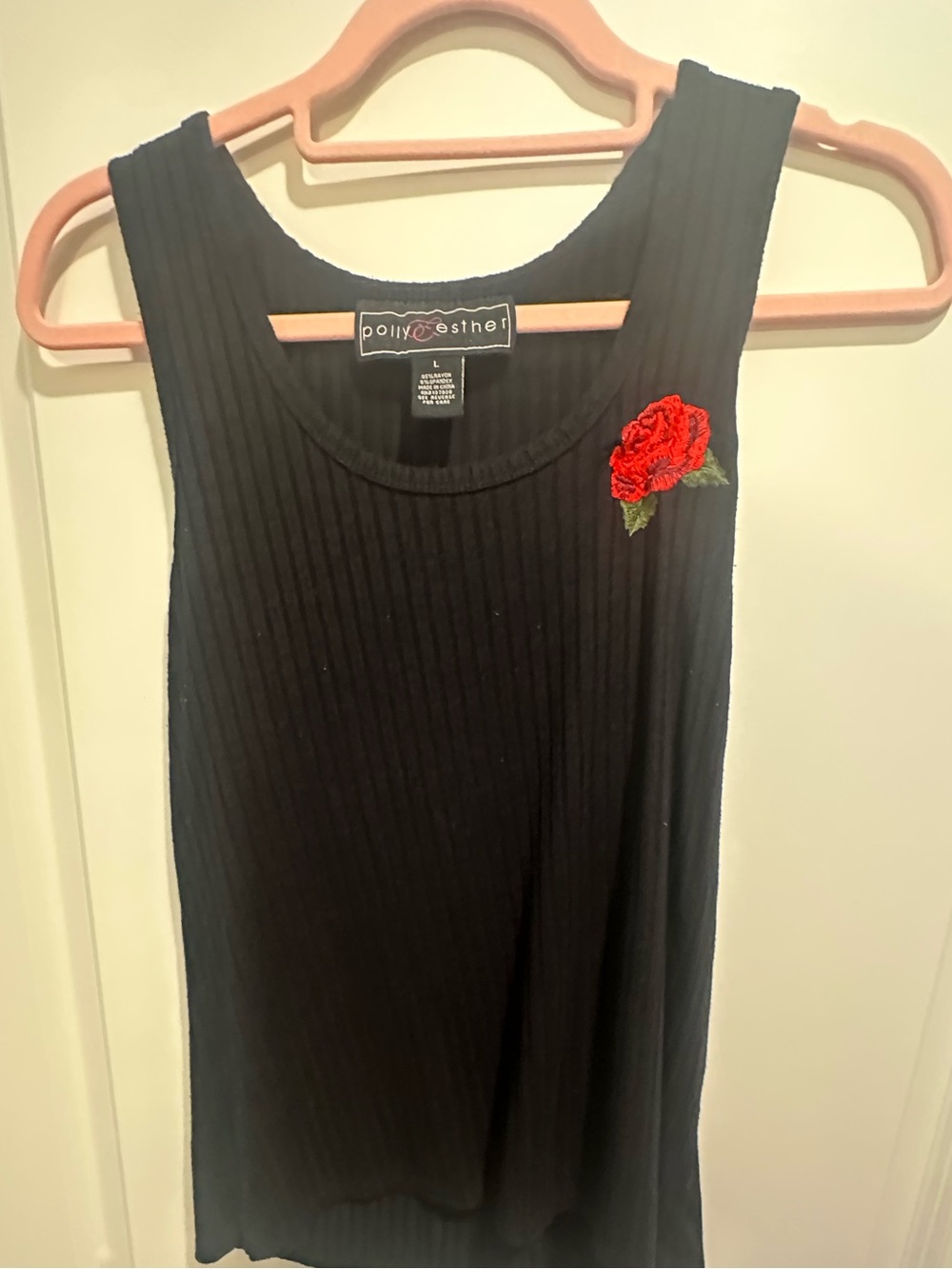 Poly Esther Black Ribbed Rose Embroidered Tank Top Size Large